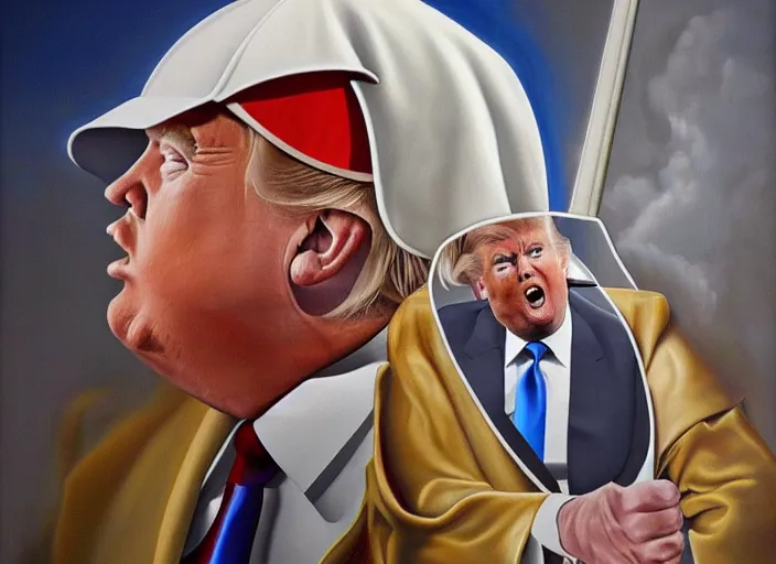 Image similar to an extremely high quality hd surrealism painting of Donald trump as the pope riding a pogo stick 8k, realistic shading, ultra realistic, super realistic