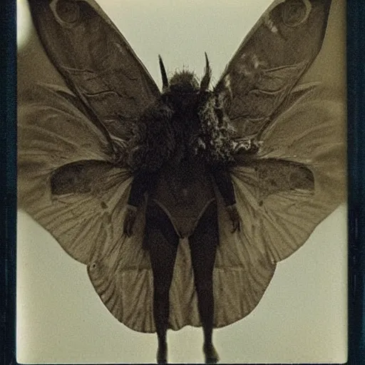 Prompt: real photograph of Mothman, taken on Polaroid