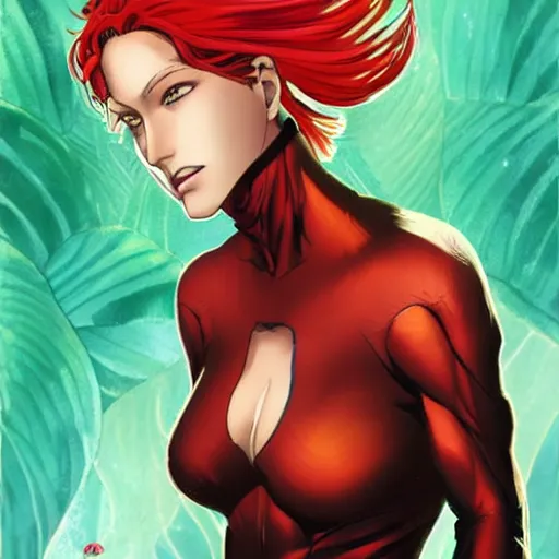 Prompt: portrait of jean grey, a beautiful woman in her 3 0 s, with red hair and green eyes, detailed face, beautiful face, delicate features, smooth, sharp focus, graphic novel, art by kazue kato and kore yamazaki and toni infante,