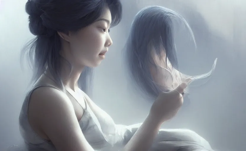Prompt: beautiful asian woman, sitting, soft grey and blue natural light, intricate, digital painting, artstation, concept art, smooth, sharp focus, illustration, art by greg rutkowski and luis rollo and uang guangjian and gil elvgren, symmetry!