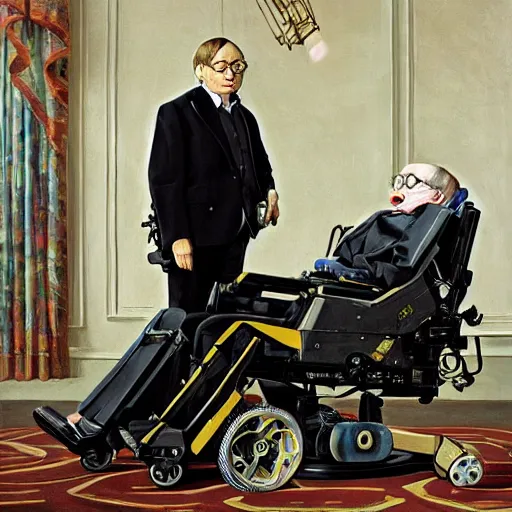 Prompt: stephen hawking in an exoskeleton suit, sci - fi painting by pieter claesz and james c. christensen