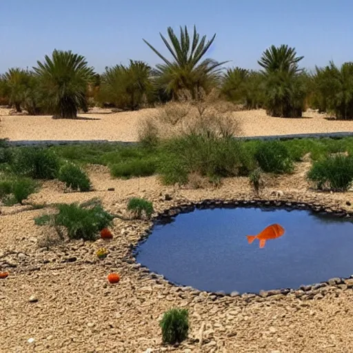 Image similar to oasis in the desert, many goldfish fly in the sky