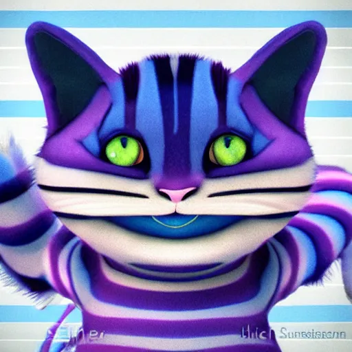 Image similar to cute blue striped cheshire cat. an adorable cat with light blue stripes, blue eyes and a big mischievous smile. award - winning digital art by mona sundberg