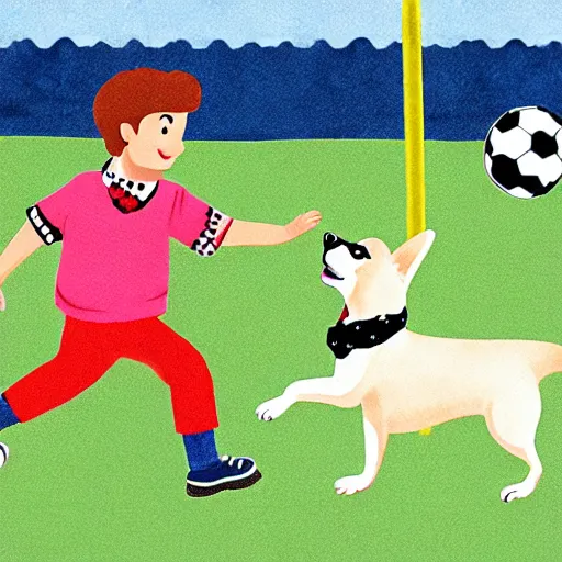 Image similar to illustration of french boy in paris playing football against a corgi, the corgi is wearing a polka dot scarf