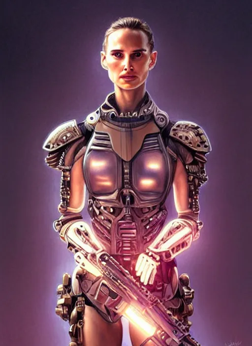 Image similar to portrait of a beautiful female soldier from the future wearing biomechanical armor, natalie portman, carrying a rifle, intricate, elegant, glowing lights in armor, highly detailed, digital painting, artstation, glamor pose, concept art, smooth, sharp focus, illustration, epic angle, art by artgerm and greg rutkowski, artey freytag, alvin schwartz