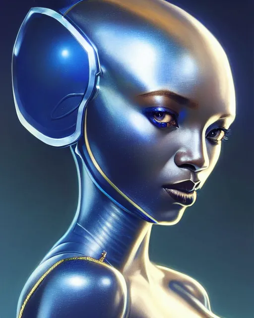 Image similar to Portrait of very very very very very very beautiful african woman, spacesuit, futuristic cybernetic helmet, blue eyes, real life skin, intricate, elegant, highly detailed, artstation, concept art, smooth, sharp focus, art by artgerm and greg rutkowski and alphonse mucha