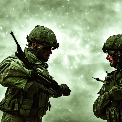 Image similar to soldier and angel met at night time, filmic, dramatic, night vision, wide angle, vignette, only green color, 4 k, 8 k, sad, devil, cinematic lighting, insanely detailed and intricate, hypermaximalist, elegant, ornate, hyper realistic, super detailed