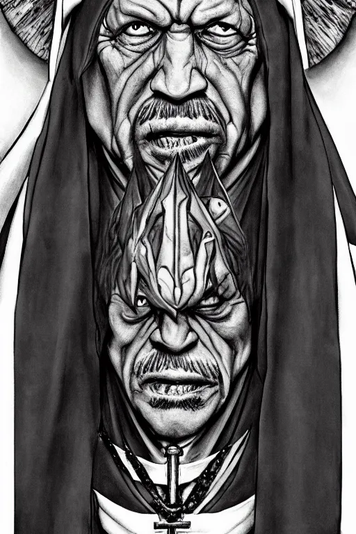 Image similar to Danny Trejo as church nun, dark fantasy, highly detailed, artstation, manga illustration by Kentaro Miura berserk