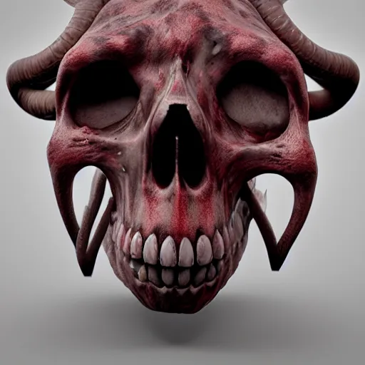 Image similar to hyper realistic skull with bull horns coming out of eye sockets, red, artstation, 8 k render, octane, fueled by caffeine : : tim burton