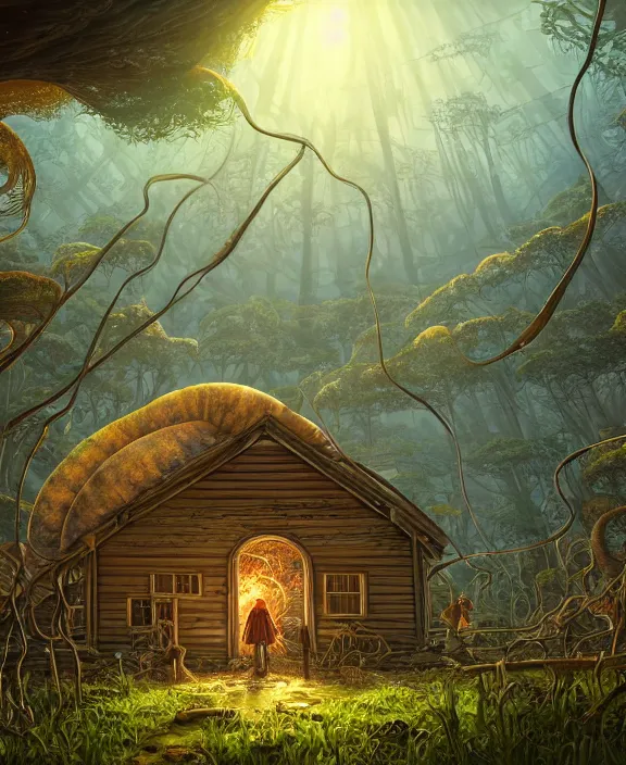 Prompt: a mammoth schoolhouse made from jellyfish, overgrown with huge exotic fungus, deep in the woods, noon, sun drenched, partly cloudy, by dan mumford, yusuke murata, makoto shinkai, ross tran, cinematic, unreal engine, cel shaded, featured on artstation, pixiv