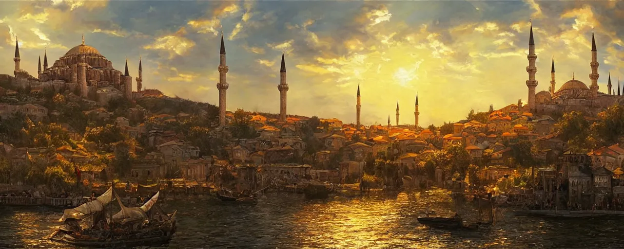 Image similar to a beautiful oil painting of medieval istanbul with ottoman people scenery landscape, lord of the rings,, rule of thirds, sunset, highly detailed, perfect lighting, perfect composition, 4 k, artgerm, derek zabrocki, greg rutkowski