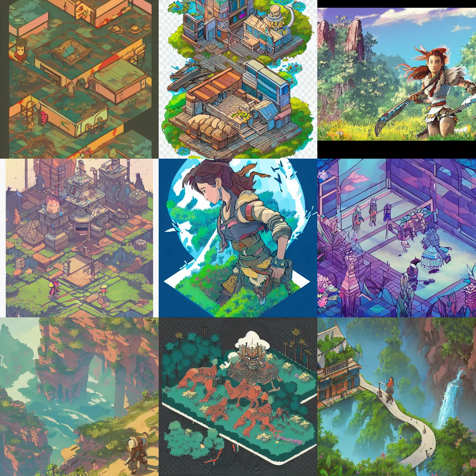 Prompt: isometric art of horizon zero dawn, drawn in the style of studio ghibli. isolated game art, transparent background. soft colors, nostalgic toning, high - detailed.