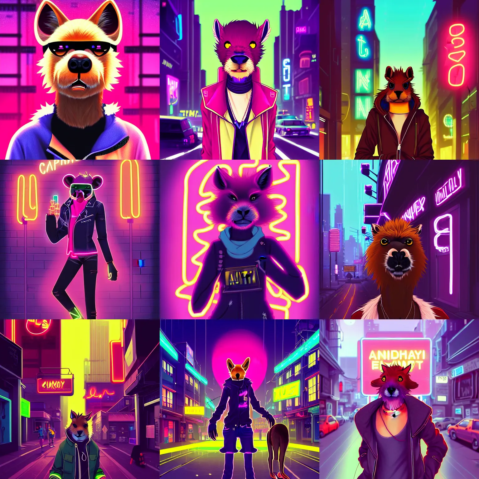 Prompt: beautiful furry digital art portrait commission of an androgynous furry anthro capybara fursona wearing punk clothes in the streets of a cyberpunk city. neon signs. character design by charlie bowater, skeleion, imalou, tessgarman, artgerm, makoto shinkai, fa, furraffinity