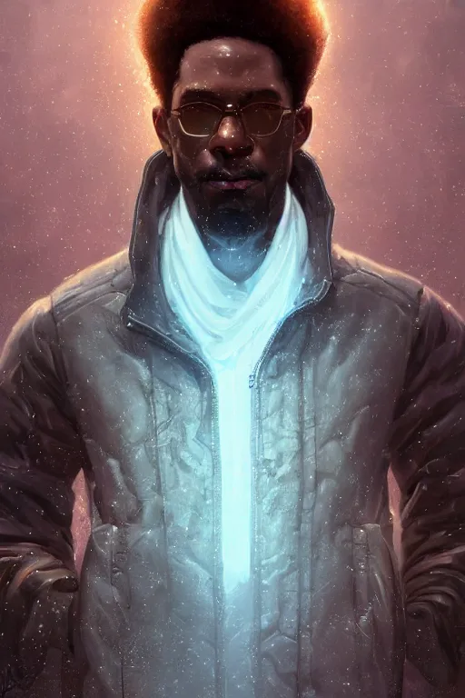 Image similar to ultra realistic illustration, black man with hightop afro, snowy, cold, volumetric lighting, hacknaut cyberpunk, sci - fi, fantasy, intricate, elegant, highly detailed, digital painting, artstation, concept art, smooth, sharp focus, illustration, art by artgerm and greg rutkowski and alphonse mucha