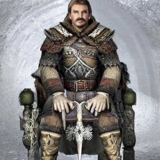 Image similar to Alexander Lukashenko as a Jarl in The Elder Scrolls V: Skyrim sitting on his throne in a relaxed rude pose