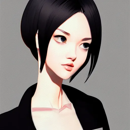 Image similar to young female in black jacket suit, muted colors, matte print, pastel colors, 2d, ultra highly detailed, smooth, sharp focus, digital art, digital painting, fan art, elegant, artstation, head is centered, by Ilya Kuvshinov