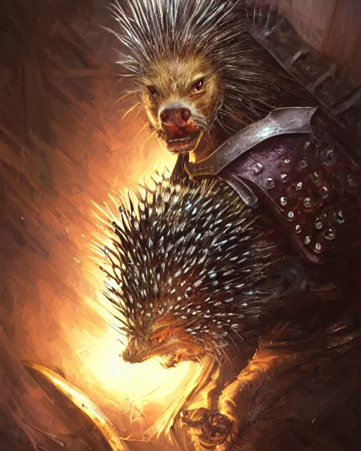 Image similar to Porcupine warrior in armor, portrait, woodlands, magic the gathering artwork, D&D, fantasy, cinematic lighting, centered, symmetrical, highly detailed, digital painting, artstation, concept art, smooth, sharp focus, illustration, volumetric lighting, epic Composition, 8k, art by Akihiko Yoshida and Greg Rutkowski and Craig Mullins, oil painting, cgsociety