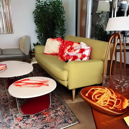 Prompt: spaghetti and meatballs shaped into a mid century modern living room set