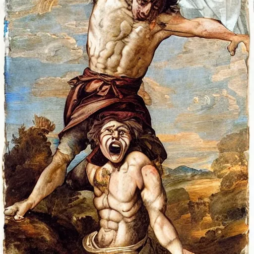 Image similar to detailed by pietro da cortona, by art fitzpatrick, by kelly freas pride & prejudice. body art. a man with a large head & a small body is floating in the air, his arms & legs flailing. his clothes are tattered & he has a wild look in his eyes.