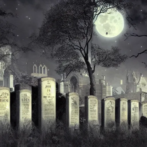 Image similar to anime hd, anime, 2 0 1 9 anime, ghost children, children born as ghosts, london cemetery, albion, london architecture, buildings, gloomy lighting, moon in the sky, gravestones, creepy smiles