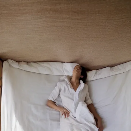 Image similar to portrait of girl in linen clothing falling from the room ceiling into a bed, natural sun lighting, 8 5 mm lens, artistic, photography by annie leibovitz