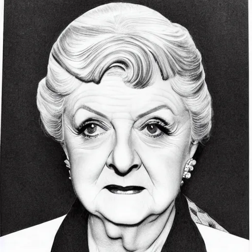 Prompt: black and white portrait of dame angela lansbury, drawn with ball point pen by m. c. escher, very very very detailed