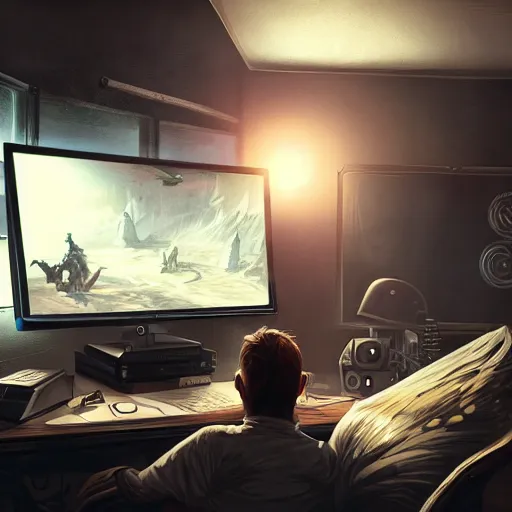 Image similar to realistic man using laptop in gaming room, artstation trends, sci fi concept art, highly detailed, intricate, sharp focus, digital art, 8 k