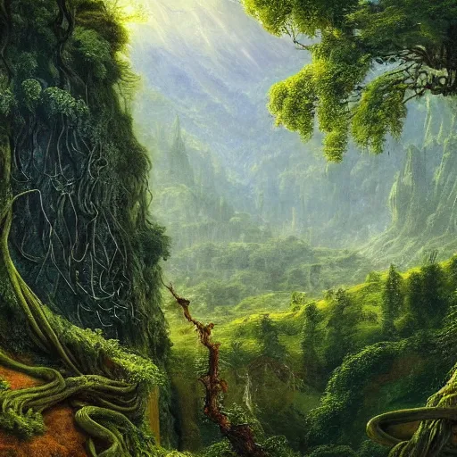 Image similar to a beautiful and highly detailed epic oil painting of a lush valley in the mountains, beautiful trees, tangled vines, ancient runes, intricate details, epic scale, insanely complex, 8 k, sharp focus, hyperrealism, fantasy landscape, psychedelic, by caspar friedrich and brian froud, albert bierstadt,