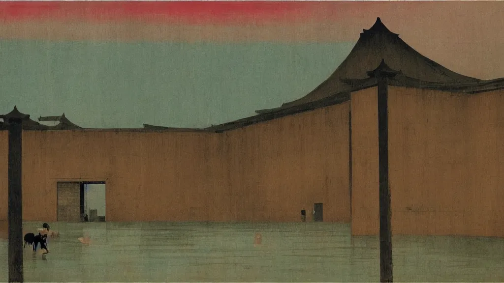 Image similar to a chinese prison near a river by peter doig, muted colors