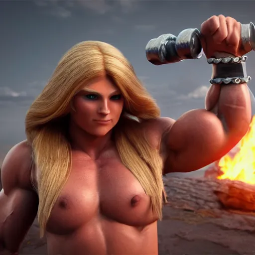 Image similar to a handsome bodybuilder viking girl with blond hair, clash royal style characters, unreal engine 5, octane render, detailed, cinematografic, cinema 4 d