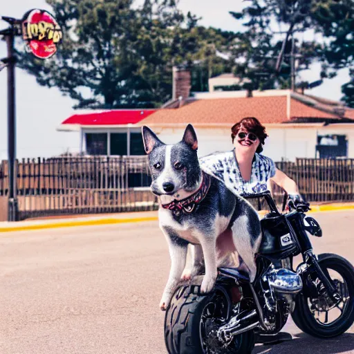 Image similar to blue heeler dog on a motorcycle, 8 k photography, blurred background of a wafflehouse