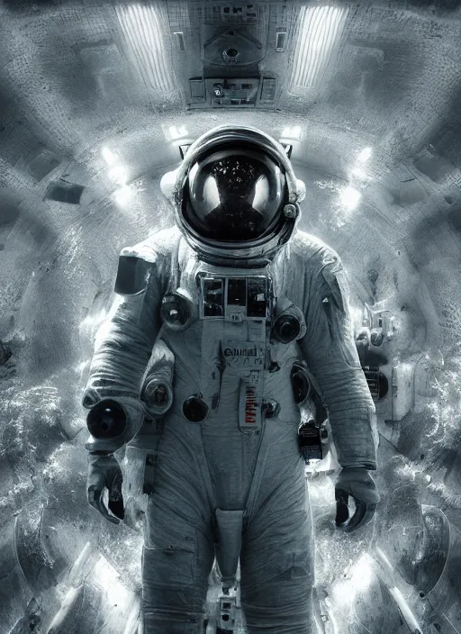 Image similar to complex poster by craig mullins astronaut in futuristic dark and empty spaceship underwater. infrared glowing lights. complex and hyperdetailed technical suit. reflection and dispersion materials. rays and dispersion of light. volumetric light. 5 0 mm, f / 3 2. noise film photo. flash photography. unreal engine 4, octane render. interstellar movie art