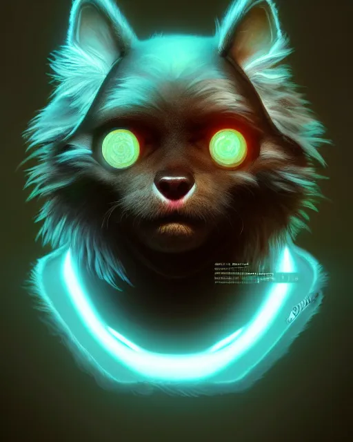 Image similar to one singular portrait of a cute bioluminescent furry creature with glowing eyes, highly detailed, digital painting, cinematic, hyper realism, dark retrowave, art by Stanley Lau and Artgerm and magali villeneuve and Alphonse Mucha, artstation, octane render, cgsociety