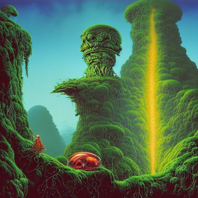 Prompt: giant sleeping biomechanical stone head sailing over lush rainforest mountaintops, synthwave, bright neon colors, highly detailed, cinematic, tim white, vladimir kush, philippe druillet, roger dean, bob eggleton, michael whelan, boris vallejo, alfred kelsner, kubrick, jaroslaw jasnikowski