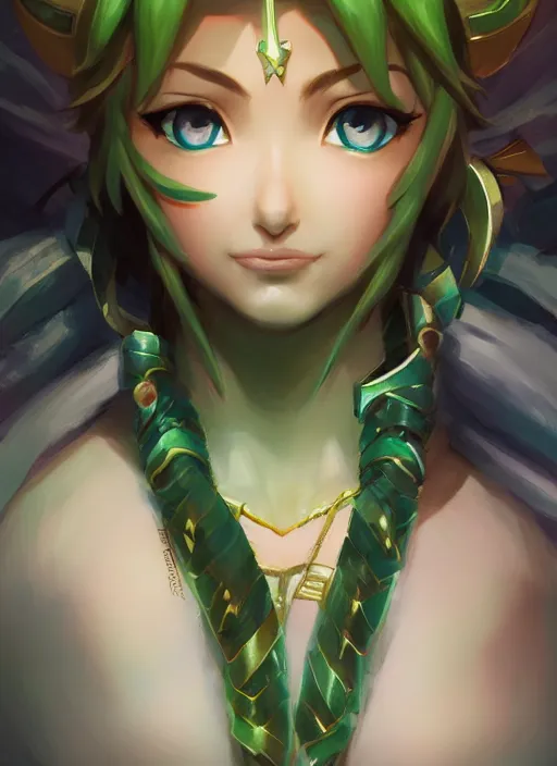 Prompt: portrait, head and torso only, palutena, trending on artstation, concept art, movie poster, fine detail, extremely detailed, sharp focus, smooth, digital illustration, by rossdraws, frank franzzeta, sakimichan, corrected hand, perfect hands