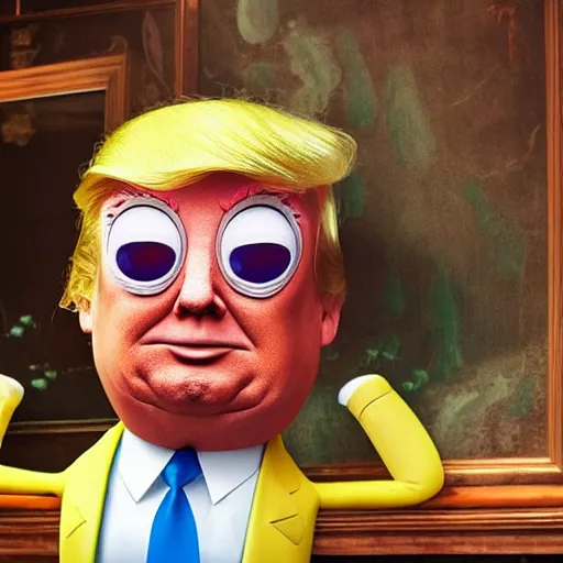 Image similar to Donald Trump in SpongeBob SquarePants body, hyper realistic photography, 8k,