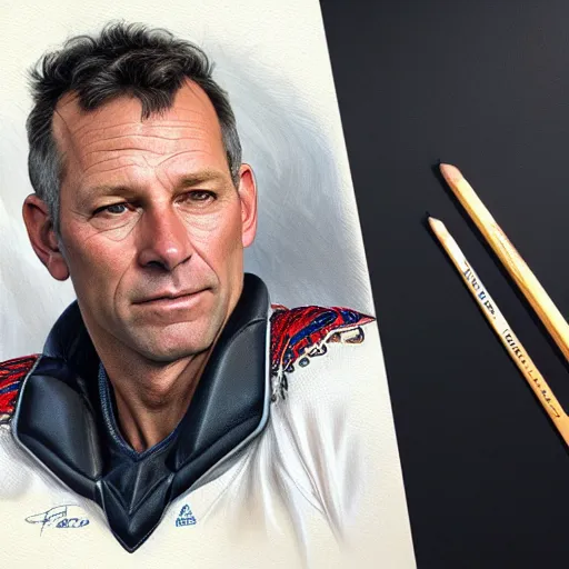 Image similar to beautiful portrait of hockey coach Clint Malarchuk, fantasy, intricate, elegant, highly detailed, digital painting, artstation, concept art, smooth, sharp focus, luxury fashion illustration, art by artgerm and greg rutkowski and alphonse mucha, brightly lit cinematic soft lighting, photorealistic