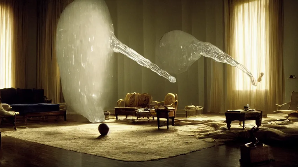 Image similar to a giant hand made of wax and water floats through the living room, film still from the movie directed by Denis Villeneuve with art direction by Salvador Dalí, wide lens