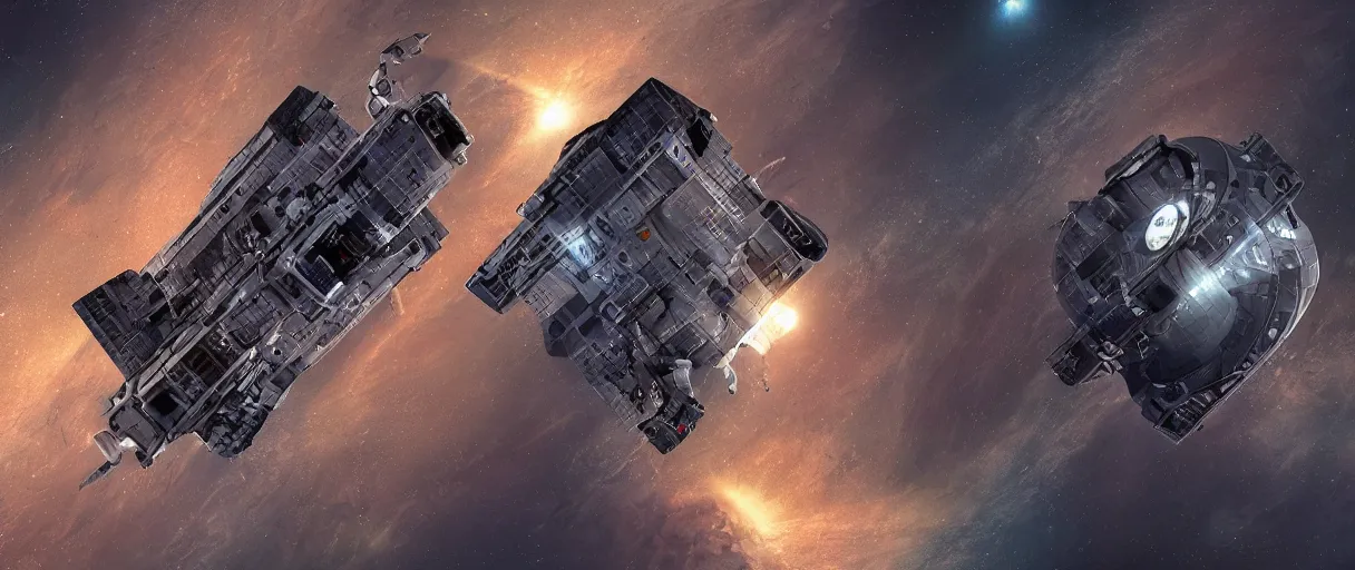 Image similar to illustration, a single small spaceship, deep space exploration, alone, the expanse tv series, industrial design, battlestar galactica tv series (2004), cinematic lighting, 4k, greebles, widescreen, wide angle, sharp and blocky shapes, extraterrestrial paradise, hyper realistic, hubble photography, wakfu palette, beksinski