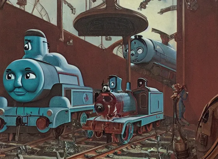 Prompt: a still from thomas the tank engine by francis bacon, surreal, norman rockwell and james jean, greg hildebrandt, triadic color scheme, by greg rutkowski, in the style of francis bacon and edward hopper and beksinski, dark surrealism, the tank engine, a still from the film alien