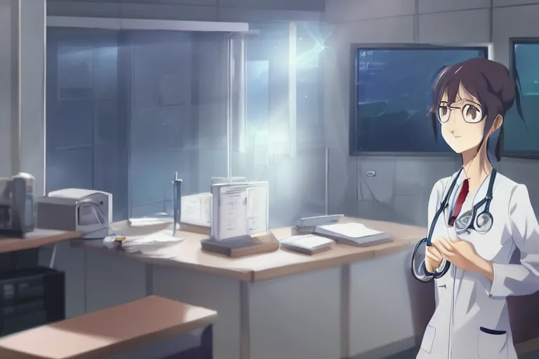 Image similar to a cute young female doctor wearing white coat are working in an emergency room , slice of life anime, cinematic, lighting, 8kHDR, anime scenery by Makoto shinkai