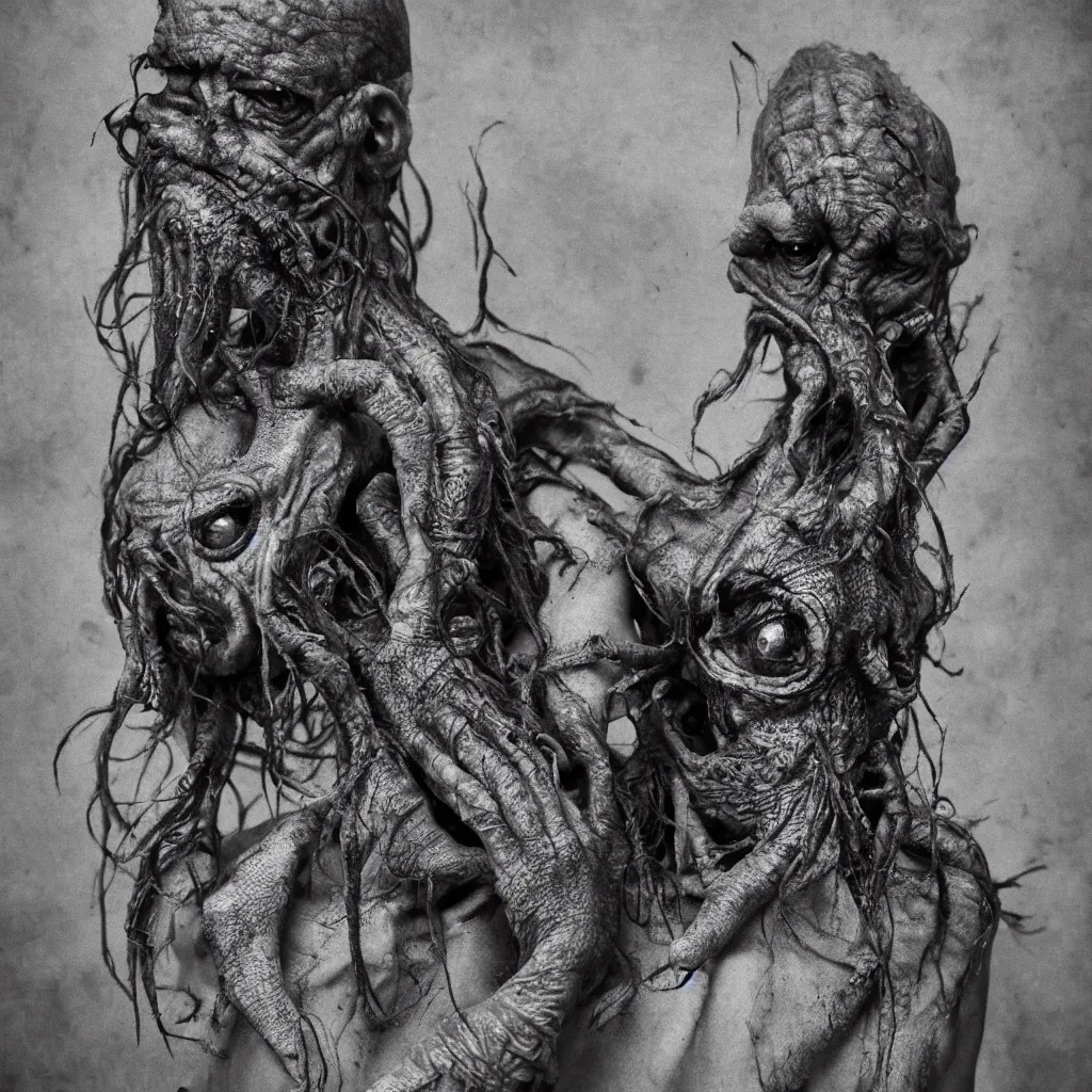 Prompt: super detailed studio portraits of innsmouth dwellers, innsmouth ocean - dwellers, mutant, fishmen, lovecraftian, cthulhu, hp lovecraft style, artistic photo, noir, monochrome, dark atmosphere, commercial photography, fine art, leica, hasselblad quality, beksinski style