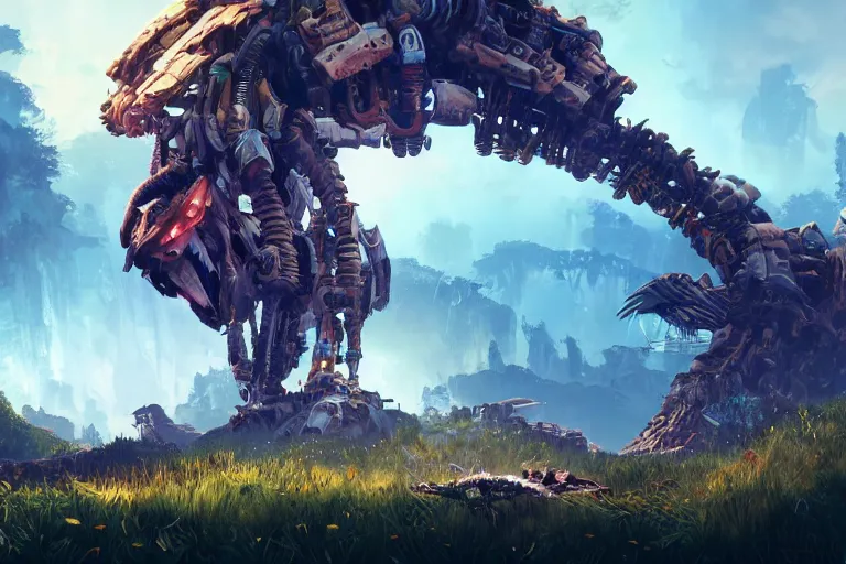 Image similar to snapmaw machine mecanical creature robot of horizon forbidden west horizon zero dawn bioluminiscence global illumination ray tracing hdr fanart arstation by ian pesty and alena aenami artworks in 4 k