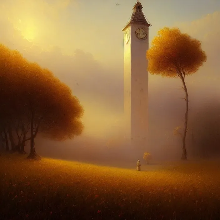 Image similar to a beautiful painting of a clock tower in a field of golden wheat by ivan aivazovsky and greg rutkowski and rhads, in style of digital art. hyper detailed, sharp focus, soft light. octane render. ray tracing. trending on artstation