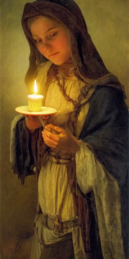 Image similar to Highly detailed and cinematic romantic period oil painting of a medieval peasant girl holding a candle, strong atmosphere, oil painting masterpiece by Josep Tapiró Baró, symmetry, fractals