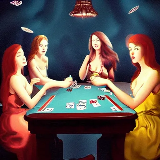 Image similar to female angels smoking pot and playing poker in a dark room, cinematic