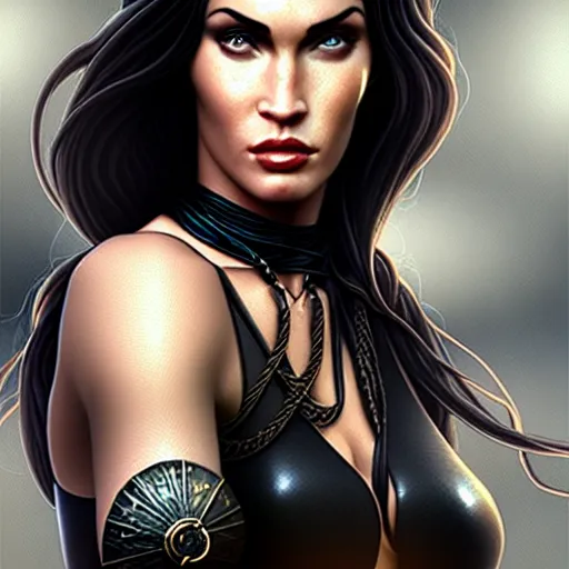 Image similar to portrait of megan fox, muscular upper body, choker, greek, jewelry, black dress, fantasy, intricate, elegant, highly detailed, digital painting, artstation, concept art, matte, sharp focus, illustration, art by aenaluck and roberto ferri and greg rutkowski, epic fantasy, digital painting