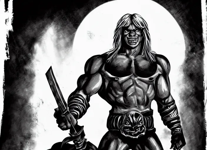 Prompt: He-Man with a dark manner, centered fullest body character pose, uncut, atmospheric, dark and mysterious, shadowy and eerie character, ominous, cinematic, photorealistic, colored, rendered by Marcus Whinney