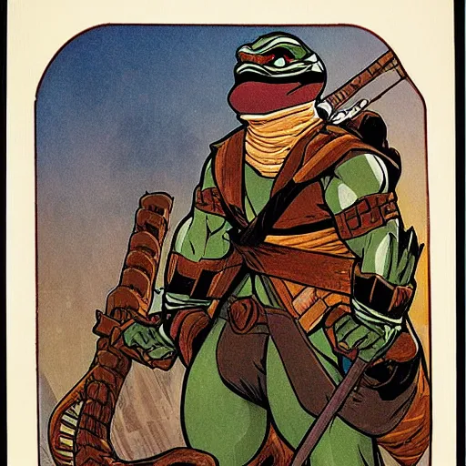 Prompt: a teenage mutant ninja turtle by Mucha.