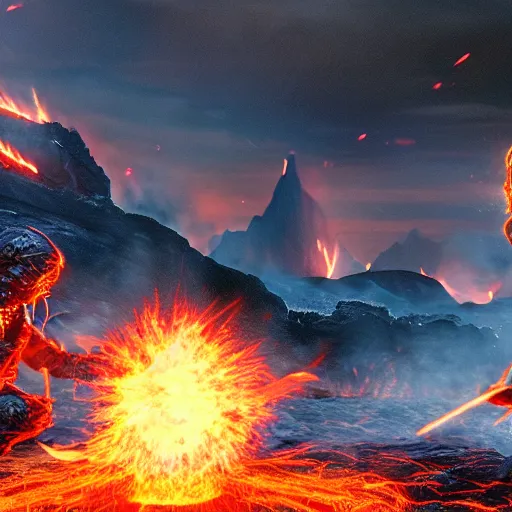 Prompt: epic battle between two wizards, lava in the background, cinematic, establishing shot